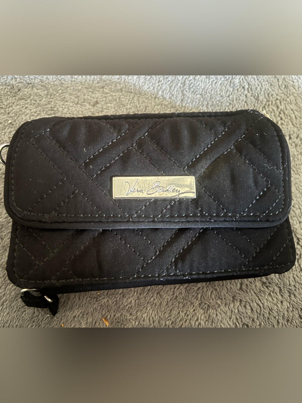 Vera Bradley Small Black Quilted Zip Wallet with Metal Plaque.
